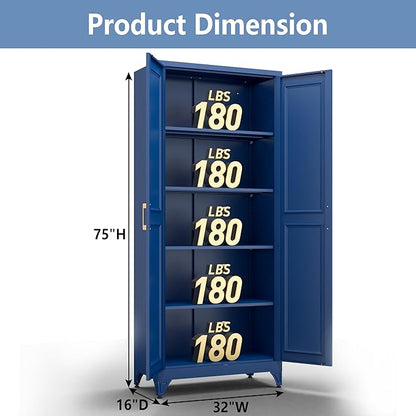 Metal Storage Cabinet,75" Tall Kitchen Pantry Storage Cabinet with Doors and Adjustable Shelves, Blue Metal Pantry Cabinets, Large Cupboard for Kitchen, Dining Living Room, Bathroom, Office