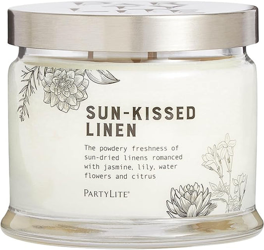 PartyLite Sun-Kissed Linen Scented, Notes of Jasmine Musk, Lily & Citrus, 13.2oz 3-Wick Jar Candle, 45 Hour Burn Time, Luxurious Fragrance, Ideal for Gifting