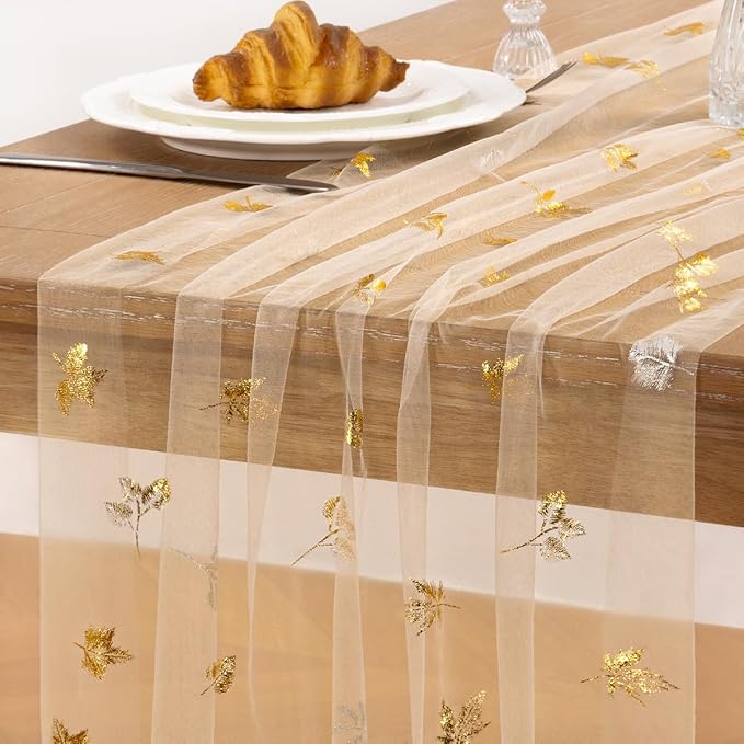 Maple Gold Table Runner for Thanksgiving - Sheer Gauze Cheesecloth 120 Inch with Glitter Harvest Table Decor for Family Feasts Dining Room Home Celebration - Beige