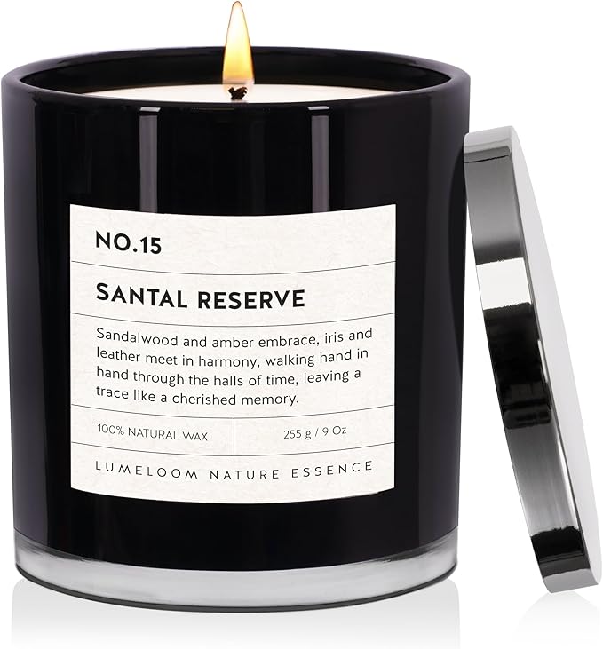 Santal Reserve Luxury Scented Candles, 9oz Soy Wax Candles for Home Scented, Sandalwood, Amber, Iris & Leather Scent, Long Burning Time, Gifts for Christmas, Women, Men, Sister, Teacher