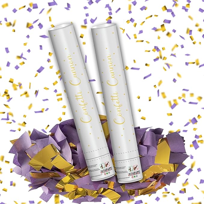 16" Purple & Gold Confetti Cannons - Party Poppers for Birthday Graduation Wedding Celebrations - Easy to Use - Pack of 2