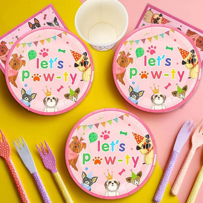 96pcs Kids Birthday Party Disposable Tableware Set Pink Pet Dog Pattern for 24 Guests Party Supplies Round Plates（Include Plates, Cups and Napkins）
