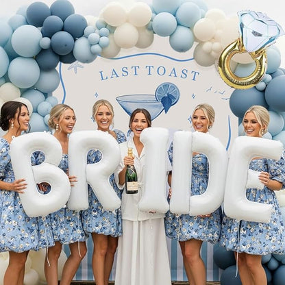 Last Toast on the Coast Bachelorette Decorations Blue bridal shower sand Balloon Garland Kit with Backdrop Huge 40 inch BRIDE letter Diamond Ring balloons for Hen Party Wedding Engagement supplies