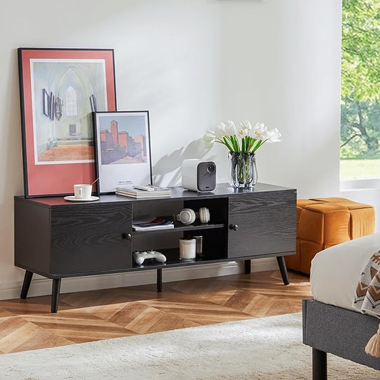 Sweetcrispy TV Stand for 55 60 inch TV, Modern Mid Century Entertainment Center with Storage, Media Console Table 2 Cabinet, Soft Hinge, Handle Door, Wooden Living Room, Office Furniture, Black