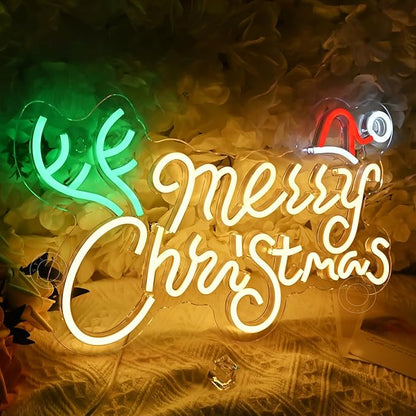 SYLHOME Merry Christmas Led Neon Light Sign Santa Hat Christmas Tree Party Home Bedroom Wall Sign Decor Backdrop Xmas Decor 15.75" X 9.8" USB Warm White