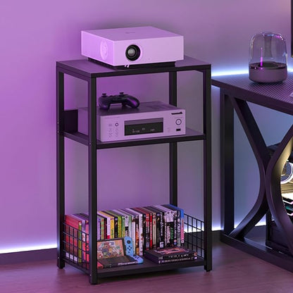 LELELINKY Large Black Record Player Stand, 3 Tier 18" Wide Big End Table with Vinyl Storage Up to 130 Albums, Industrial Turntable Printer Tables, Modern Side Tables for Living Room, Bedroom, Office