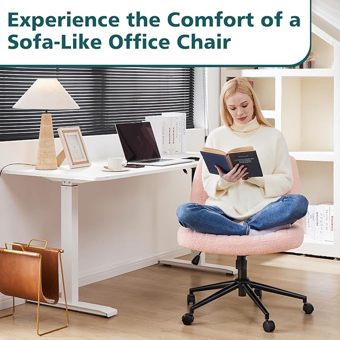 OLIXIS Criss Cross Chair with Wheels Wide Cross Legged Office Desk Vanity Chair Comfy Fabric Armless Adjustable Swivel for Home Computer Task Teddy Pink