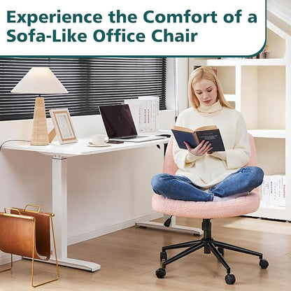 OLIXIS Criss Cross Chair with Wheels Wide Cross Legged Office Desk Vanity Chair Comfy Fabric Armless Adjustable Swivel for Home Computer Task Teddy Pink