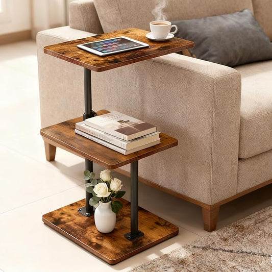 Swivel Side Table for Couch, 3 Tier Small End Table Adjustable Height with Rotatable Tray, Space Saving Nightstand with Storage Shelf for Living Room, Bedroom, Small Spaces