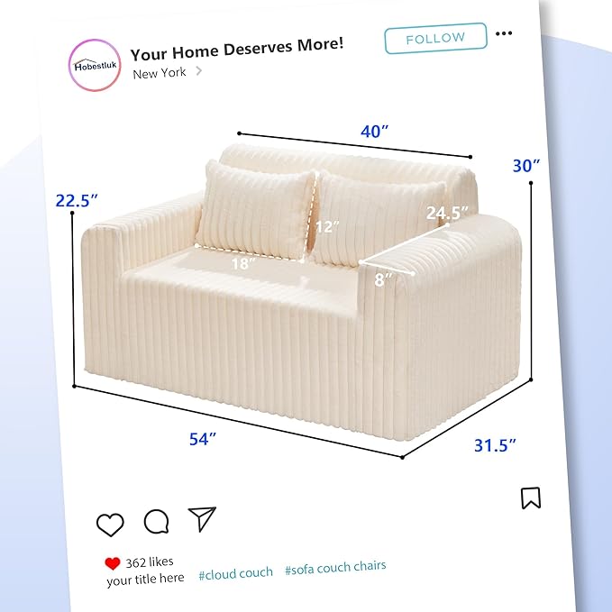 Hobestluk Couch Sofa 2-Seater Foam Sofa Loveseat for Small Spaces Comfy Sofas with Removable Cover Furry Couch with Pillows for Living Room, Bedroom, Apartment, Office (White, Loveseat)