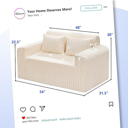 Hobestluk Couch Sofa 2-Seater Foam Sofa Loveseat for Small Spaces Comfy Sofas with Removable Cover Furry Couch with Pillows for Living Room, Bedroom, Apartment, Office (White, Loveseat)