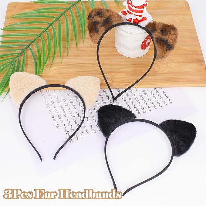 Animal Ear Headbands,3Pcs Plush Cat Ears Costume Headband Hair Band with Cat Ear Cute Ear Hair Accessories for Themed Events and Party Decoration (Brown,Beige,Black)