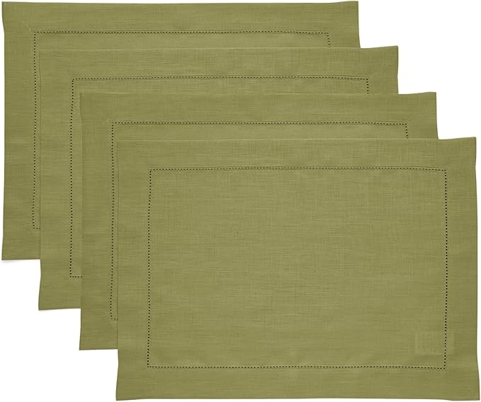 Solino Home Linen Placemats Set of 4 - Classic Hemstitch Avocado Green Placemats 14 x 19 Inch - 100% Pure Linen Table Mats for Fall, Autumn, Winter
