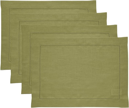 Solino Home Linen Placemats Set of 4 - Classic Hemstitch Avocado Green Placemats 14 x 19 Inch - 100% Pure Linen Table Mats for Fall, Autumn, Winter
