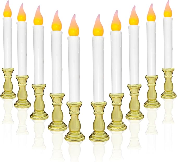 10 Pcs Battery Operated LED Window Candles with Timer, 10'' Flameless Flickering Christmas Window Candles with Suction Cups, Gold Base Taper Candlesticks Lights for Christmas Window Table Decorations