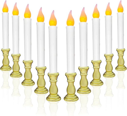 10 Pcs Battery Operated LED Window Candles with Timer, 10'' Flameless Flickering Christmas Window Candles with Suction Cups, Gold Base Taper Candlesticks Lights for Christmas Window Table Decorations