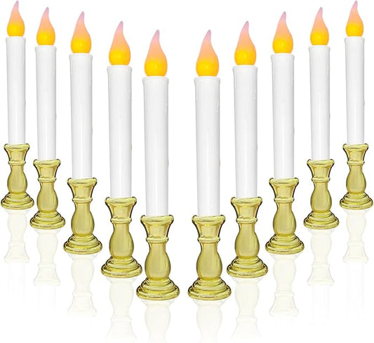 10 Pcs Battery Operated LED Window Candles with Timer, 10'' Flameless Flickering Christmas Window Candles with Suction Cups, Gold Base Taper Candlesticks Lights for Christmas Window Table Decorations