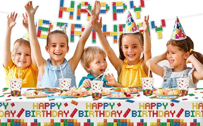 Building Block Party Supplies Paper Plates Napkins Cups Tablecloth Banner for Colorful Building Block Birthday Party Decorations for Boys, Kid’s Birthday Party Decorations Serve 25