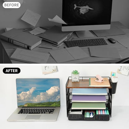 Desk Organizers and Accessories, 5-Tier Paper Letter Tray Organizer with Drawer & 2 Pen Holders, Desktop Organizer for Office Supplies (Wood)