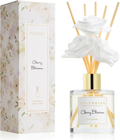Cocorrína Reed Diffuser Set,6.7oz (200ml) Cherry Blossom Scented Diffuser with 3 White Rose Foam Flowers & Cotton Sticks, Home Fragrance Reed Diffuser for Bathroom Shelf Decor