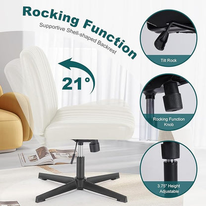 OLIXIS Criss Cross Legged Chairs Armless No Wheels Wide Seat Height Adjustable Swivel Padded PU Leather Home Office Desk Chair for Bedroom, Student, Study Room,Beige
