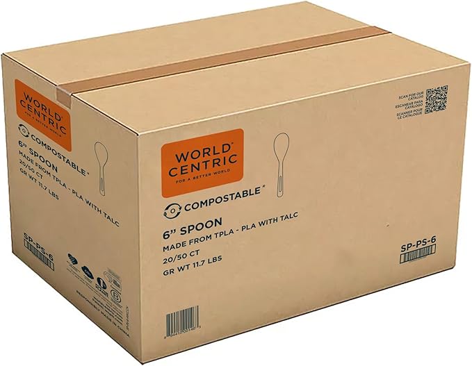 World Centric Compostable Spoon 6" - Made from Plants and Minerals, TPLA - 1000 Pack