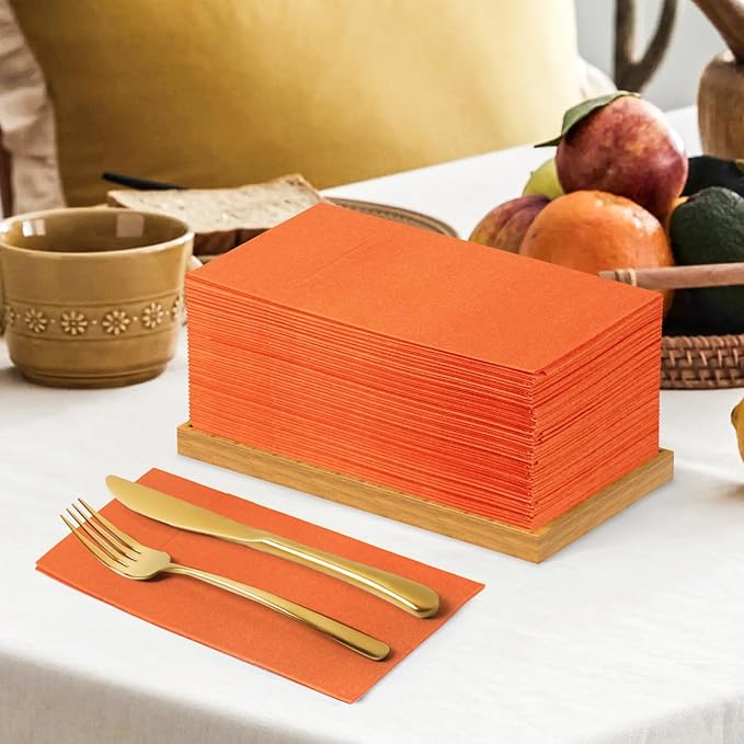 KAMMAK Napkins Disposbale 100 Pack Orange Cloth like Paper Dinner Napkins with Pocket Folded Wedding Napkin Guest Hand Towels for Party Reception, Bathroom, Kitchen, Restaurants (16.5 x 16.5 inch)