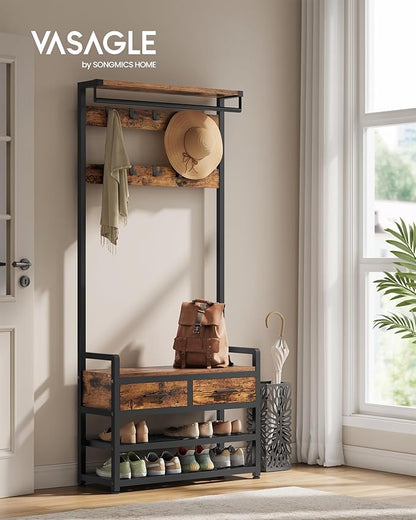 VASAGLE Hall Tree with Bench and Shoe Storage, Entryway Coat Rack with Shoe Bench, 2 Fabric Drawers, 10 Hooks, 11.8 x 31.7 x 71.5 Inches, Vintage Brown and Ink Black UHSR429B01