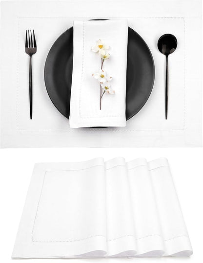 D'Moksha Homes White Linen Placemats Set of 4 - Classic Hemstitch Placemats 14 x 19 Inch - 100% Pure Linen Table Mats for Winter, Christmas, Holiday - Handcrafted and Machine Washable