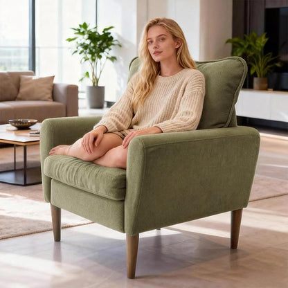 OLIXIS Comfy Accent Chair for Living Room Bedroom and Waiting Room, Upholstered Mid-Century Reading Chair with Pillow and Solid Wood Legs, Wide Singe Modern Lounge Sofa (Green)