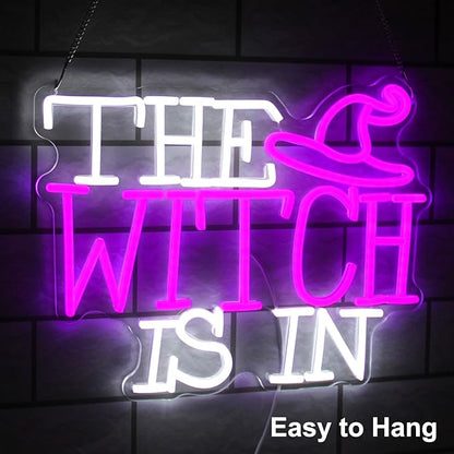 The Witch Is In Neon Signs for Wall Halloween Decor - Witch Hat Neon Light Purple Dimmable LED Sign Gothic Lamp for Haunted Mansion House Party Decor