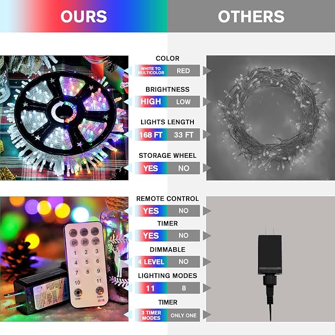 JMEXSUSS 600 LED Color Changing Christmas Lights Plug in, 168FT White & Multicolor String Lights with Remote, Christmas String Lights Outdoor Waterproof Clear Wire for Tree Xmas Decor