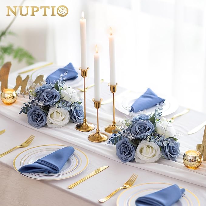 NUPTIO Flower Ball Centerpieces for Tables: Dusty Blue & White Artificial Rose Fake Floral Arrangement for Wedding Party Centerpiece Decorations 9.4 Inch Diameter 2 Pcs