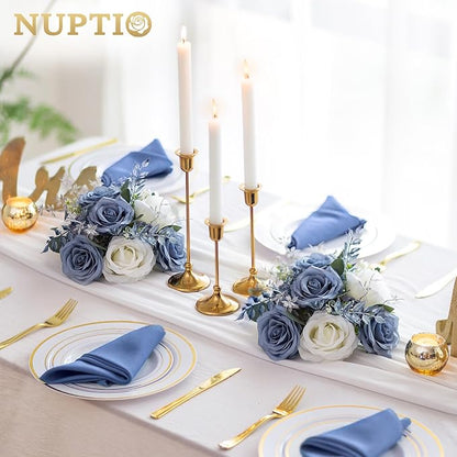 NUPTIO Flower Ball Centerpieces for Tables: 10 Pcs Dusty Blue & White Artificial Rose Fake Floral Arrangement for Wedding Party Centerpiece Decorations 9.4 Inch Diameter
