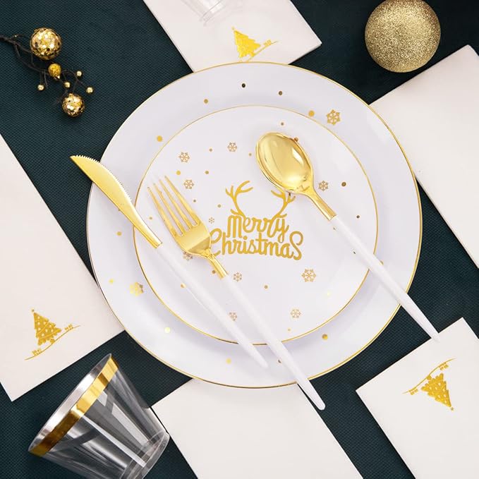 Nervure 175PCS Christmas Plastic Plates - White and Gold Disposable Plates & Gold Plastic Silverware with White Handle include 50 Plates 25Knives 25Forks 25Spoons 25Napkins for Christmas Party