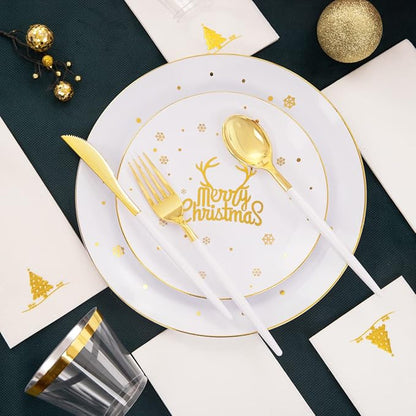 Nervure 175PCS Christmas Plastic Plates - White and Gold Disposable Plates & Gold Plastic Silverware with White Handle include 50 Plates 25Knives 25Forks 25Spoons 25Napkins for Christmas Party