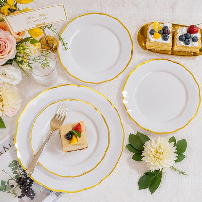 EI 150pcs White Plastic Plates with Gold Plastic Silverware,Disposable Plate Heavy Duty,White Dinnerware Set,Elegant Plates for Party,Wedding,Thanksgiving,Christmas,New Year