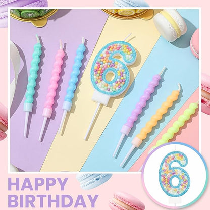 MTLEE Birthday Candle Macaron Glitter 3D Number Candle with 12 Pcs Rainbow Spiral Candles in Holders for Girl Boy Cake Topper Wedding Anniversary Pastel Sweet Theme Party Decoration(Blue,Number 6)