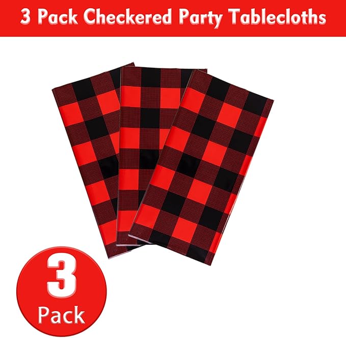 Kesfey 3 Packs Buffalo Check Plaid Table Cloth 54 x 108 Inches Red and Black Gingham Christmas Party Tablecloth Winter Plastic Checkered Tablecover for Dinner Picnic