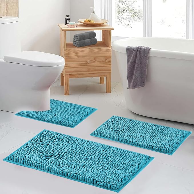 RUN HELIX Teal Blue Bathroom Rugs Bath Mats for Chenillen Rug Set 3 Piece Non-Slip Mats, Absorbent Shaggy Rugs, Machine Wash, Perfect Plush Carpets Set, 16〞x24〞&20〞x32〞&20〞x20〞U Shape