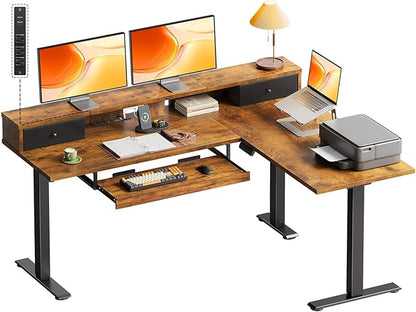 OffiGo 59 Inch L Shaped Electric Standing Desk with Drawers, Height Adjustable Corner Computer Desk with Keyboard Tray & Monitor Stand, Stand Up Table for Home Office Workstation, Rustic Brown