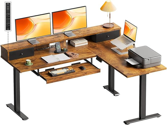 OffiGo 59 Inch L Shaped Electric Standing Desk with Drawers, Height Adjustable Corner Computer Desk with Keyboard Tray & Monitor Stand, Stand Up Table for Home Office Workstation, Rustic Brown