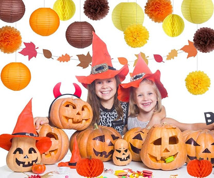 Thanksgiving Party Decorations Supplies Kit Hanging Paper Lantern Tissue Honeycomb Ball Pom Poms Flowers Pumpkins Maple Leaf Garland for Fall Birthday Baby Showers Home Decor Indoor Outdoor