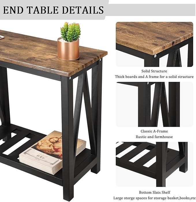 Narrow Side Table Rectangular End Tables with Storage Shelf Small Industrial Nightstands Bedside Table for Small Spaces Living Room Bedroom Bathroom Brown Smooth Tabletop and Black Legs