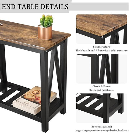 Narrow Side Table Rectangular End Tables with Storage Shelf Small Industrial Nightstands Bedside Table for Small Spaces Living Room Bedroom Bathroom Brown Smooth Tabletop and Black Legs