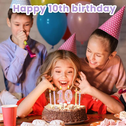MTLEE Number 10 Birthday Candle with 12 Pcs Spiral Candles for Girls Macaron Pastel Rainbow Unicorn Pink Cake Topper for Sweet Theme Party Decoration