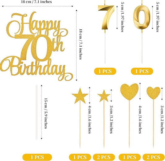 70th Birthday Cake Decorations, 70th Birthday Candles Cake Numeral Candles and Glitter Happy 70th Birthday Cake Toppers Set for Birthday Party Supplies (Gold)