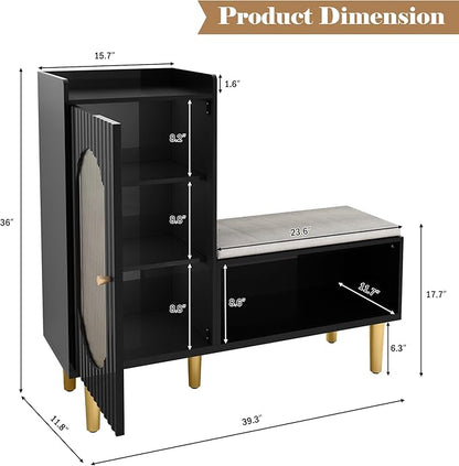 HLR Storage Bench with Glass Door&Shelf, Modern Entryway Shoe Cabinet Bench with Padded Seat, L-Shaped Storage Cabinet for Hallway, Bedroom, Living Room, Office, Black