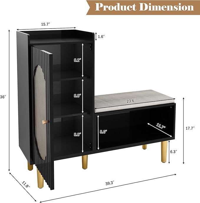 HLR Storage Bench Set of 2, Black Modern Entryway Shoe Cabinet Bench with Glass Door&Shelf, L-Shaped Storage Cabinet with Padded Seat for Hallway, Bedroom, Living Room, Office