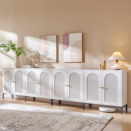 Modern Buffet Cabinet with Storage, 123.5" W Fluted Arched Sideboard Cabinet w/Adjustable Shelves, Wooden Modular Coffee Bar for Dining Room, Kitchen, Living Room, Entryway, White